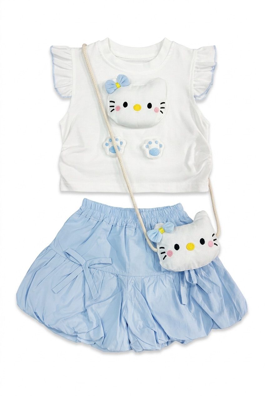 blue kitty co ord set with sling bag blue kitty co ord set with sling bag