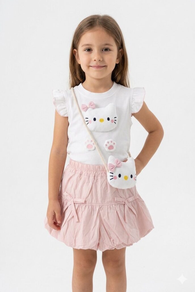 blush kitty skirt set with sling bag