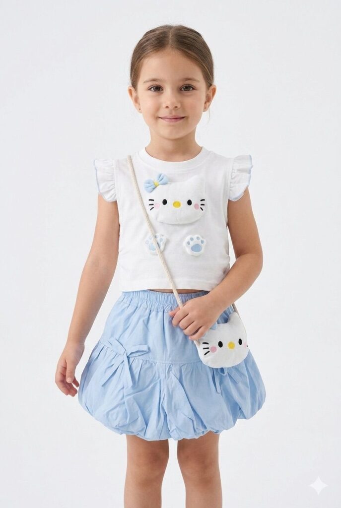 blue kitty co ord set with sling bag